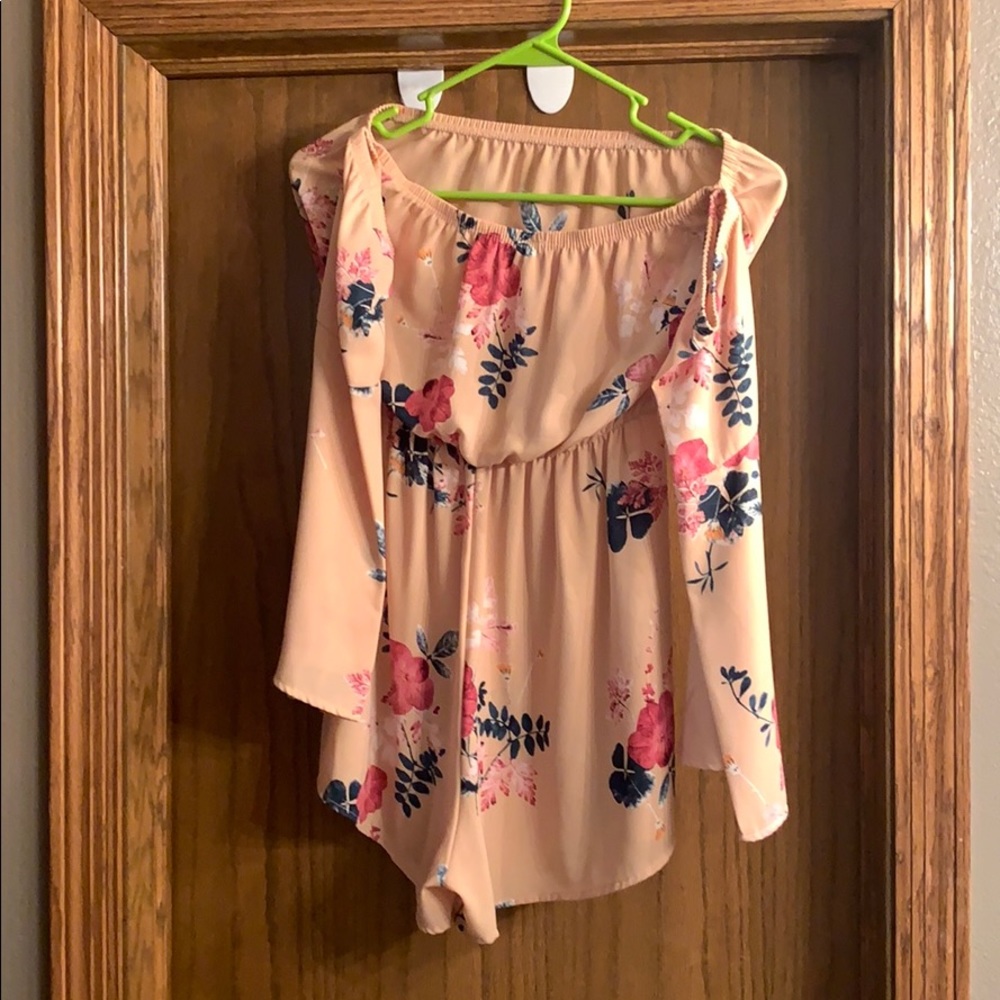 Pink floral off the shoulder romper. Size M